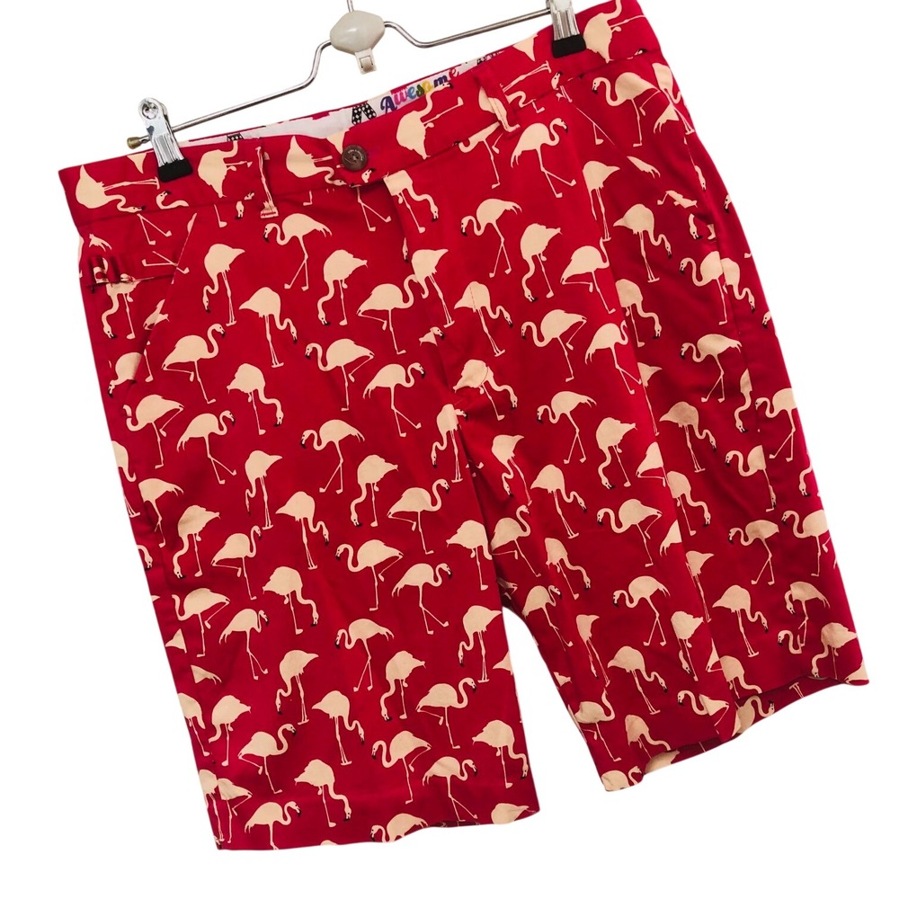 Royal & Awesome Red Golf Shorts Mens 34 Allover Flamingo Print Resortwear Preppy